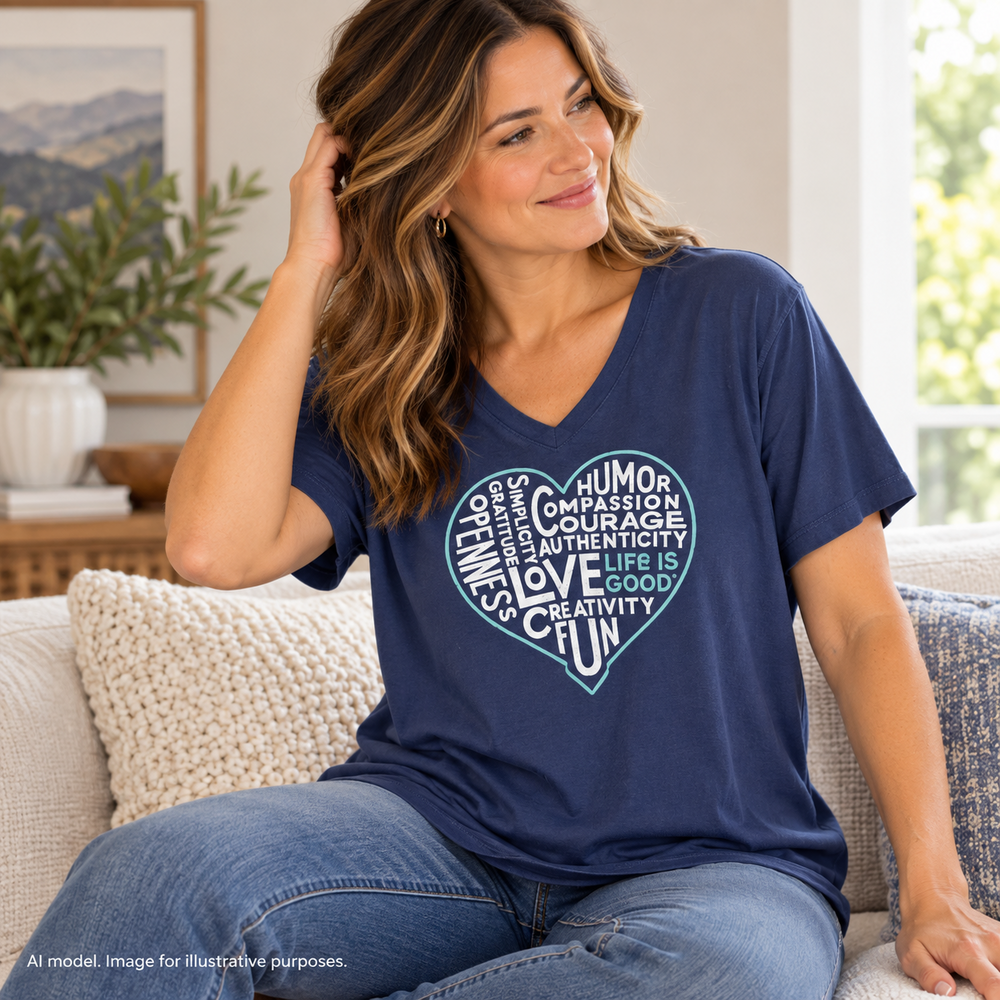 Life is Good Shirt Women XL Blue Crusher Tee Heart Word Cloud Soft Slouchy Vneck